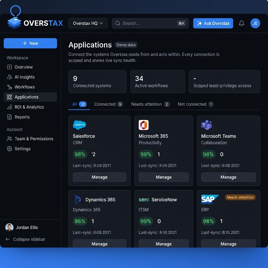 Preview of the Overstax product tour workspace